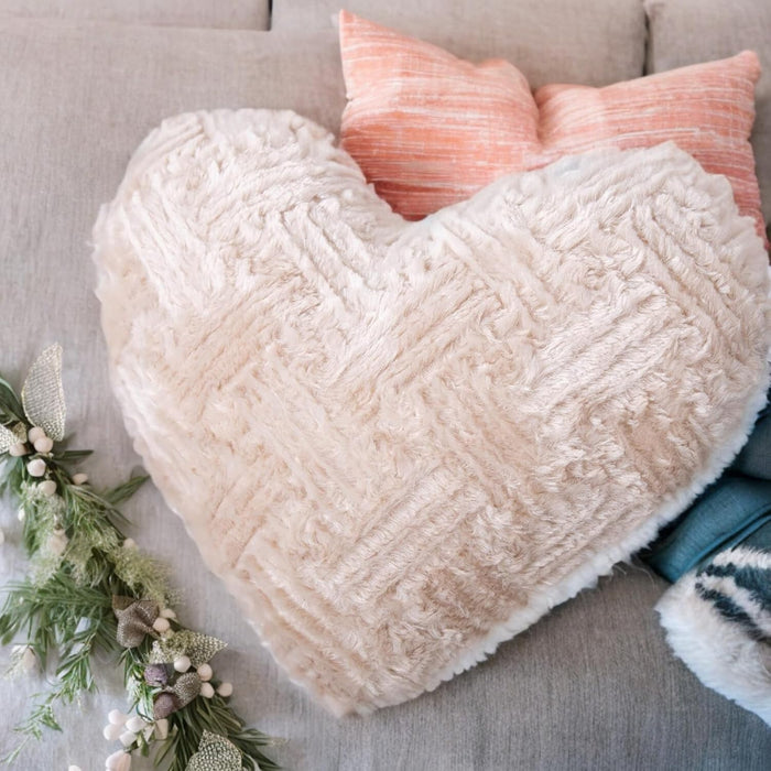 DaDa Bedding Heart Pillows Decorative Throw Pillows - Neutral Champagne Beige Heart Shaped Throw Toss Lap Fluffy Faux Fur Sherpa Pillows (16x14)