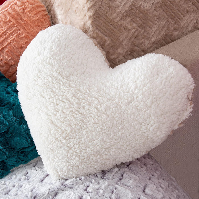 DaDa Bedding Heart Pillows Decorative Throw Pillows - Neutral Champagne Beige Heart Shaped Throw Toss Lap Fluffy Faux Fur Sherpa Pillows (16x14)