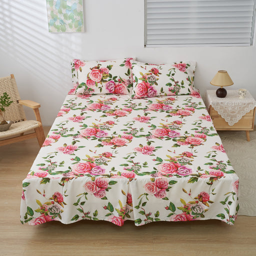 DaDa Bedding Romantic Roses Floral Bed Skirt - Matching Pink & White Ruffled Dust Ruffle for Quilted Coverlet Set - Lightweight & Breathable Polyester Bedskirt - DaDa Bedding Collection