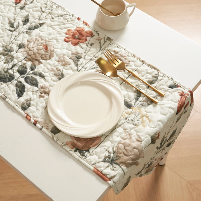 DaDalogy Enchanted Meadow Reversible Dinner Table Runner - Floral Elegance in Beige, Rose, and Soft Olive Green, Premium Soft Microfiber Quilted Table Runner - DaDa Bedding Collection