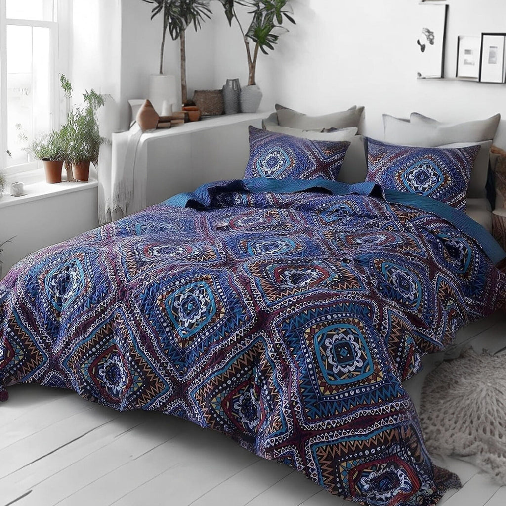 DaDa Bedding Bohemian Vibes Mediterranean Blue Floral Patchwork Quilte —  DaDalogy Bedding Collection