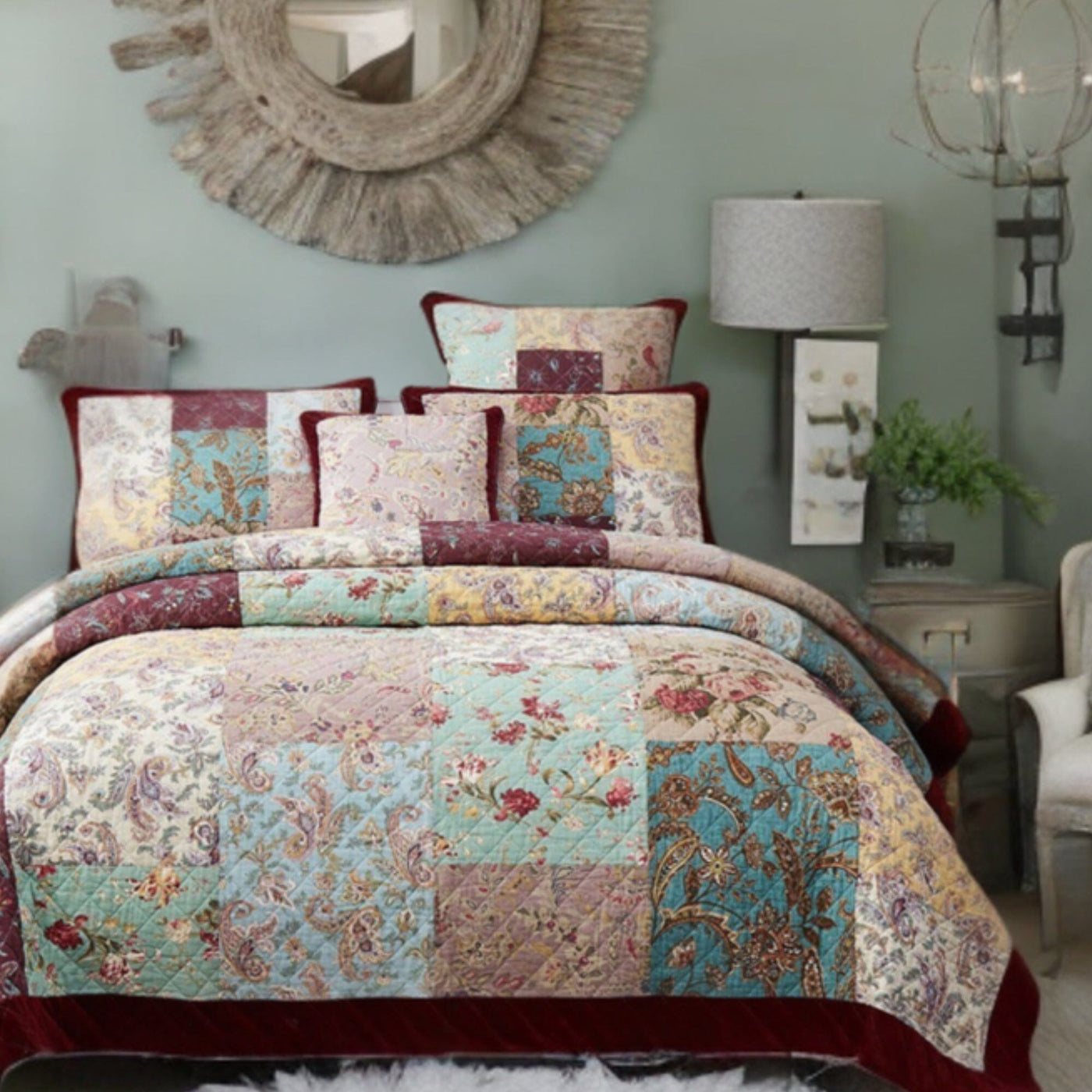 Dada Bedding Patchwork Quilted Bedspread Set Burgundy Floral Paisley — Dadalogy Bedding Collection 4089