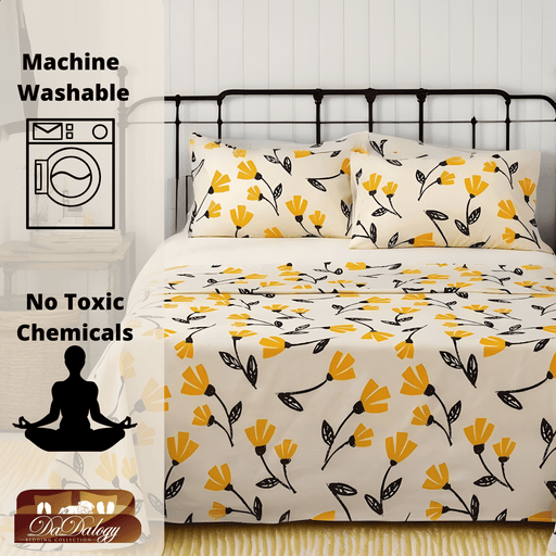 DaDa Bedding Yellow Fleur Golden Orange Floral Ivory Fitted & Flat Bed Sheets Set (18112) - DaDa Bedding Collection