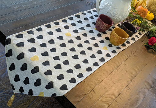 DaDa Bedding Lovely Yellow & Black Hearts Elegant Woven Tapestry Dining Table Runner (18113) - DaDa Bedding Collection