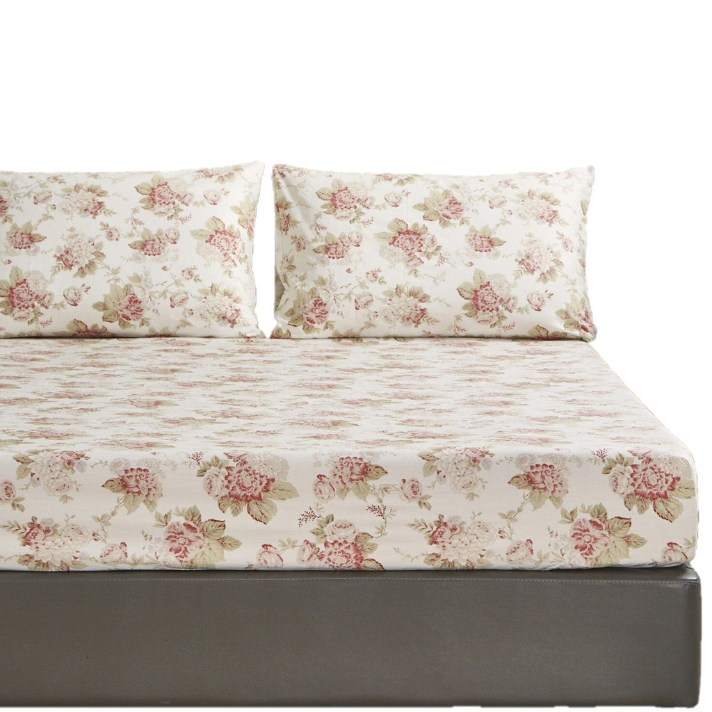 DaDa Bedding Hint of Mint Dainty Cottage Floral Roses Cotton Fitted Sheet  w/ Pillow Case (3036)