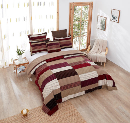 DaDa Bedding Crisp Flannel Warm Tones Cotton Velveteen Patchwork Bedspread Set (JHW-955) - DaDa Bedding Collection