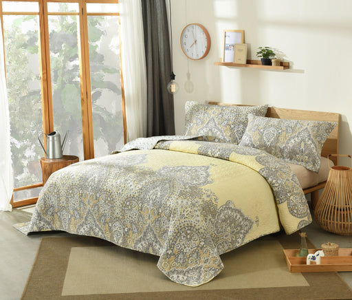 DaDa Bedding Bohemian Pale Daffodil Bedspread Set - Yellow Grey Floral Indian Medallion (C15205-7) - DaDa Bedding Collection