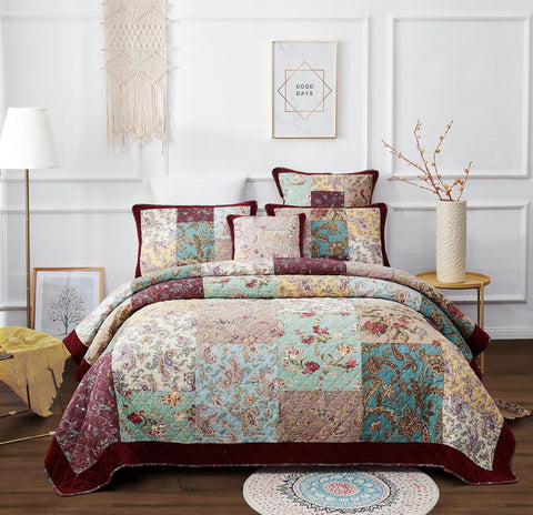 Dada Bedding Patchwork Quilted Bedspread Set - Burgundy Floral