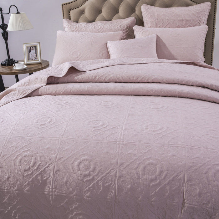 DaDa Bedding Pastel Tea Rose Pink Floral Cottage Country Quilted Bedspread Set - King Size (JHW860) - DaDa Bedding Collection