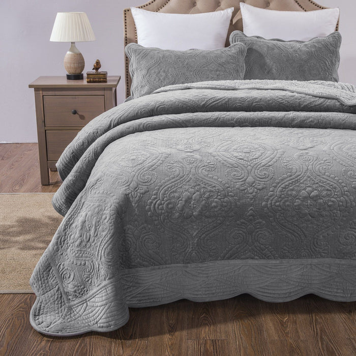 DaDa Bedding Elegant Micro Fleece Sherpa Bedspread Blanket Set - Floral Paisley Grey (JHW868) - DaDa Bedding Collection