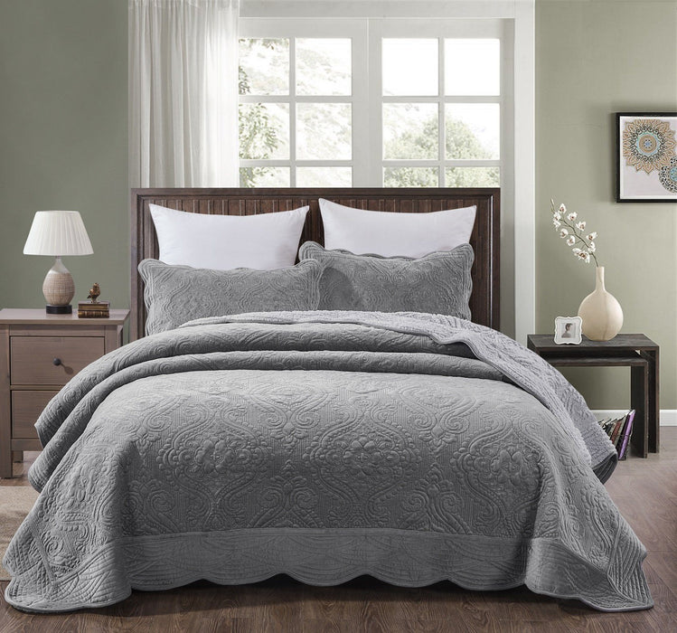 DaDa Bedding Elegant Micro Fleece Sherpa Bedspread Blanket Set - Floral Paisley Grey (JHW868) - DaDa Bedding Collection