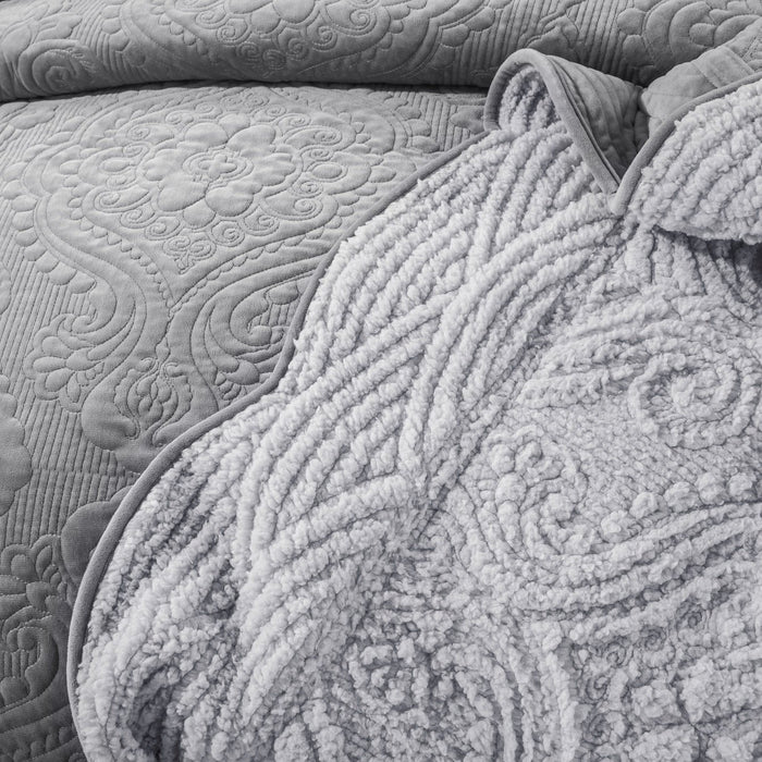 DaDa Bedding Elegant Micro Fleece Sherpa Bedspread Blanket Set - Floral Paisley Grey (JHW868) - DaDa Bedding Collection