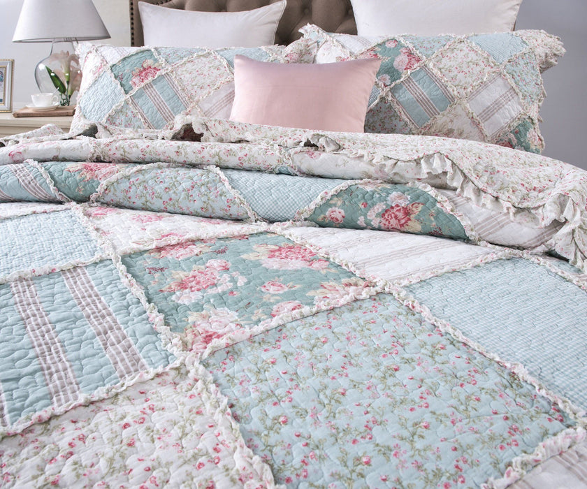 DaDa Bedding Hint of Mint Floral Pastel Cotton Patchwork Ruffle Bedspr —  DaDalogy Bedding Collection