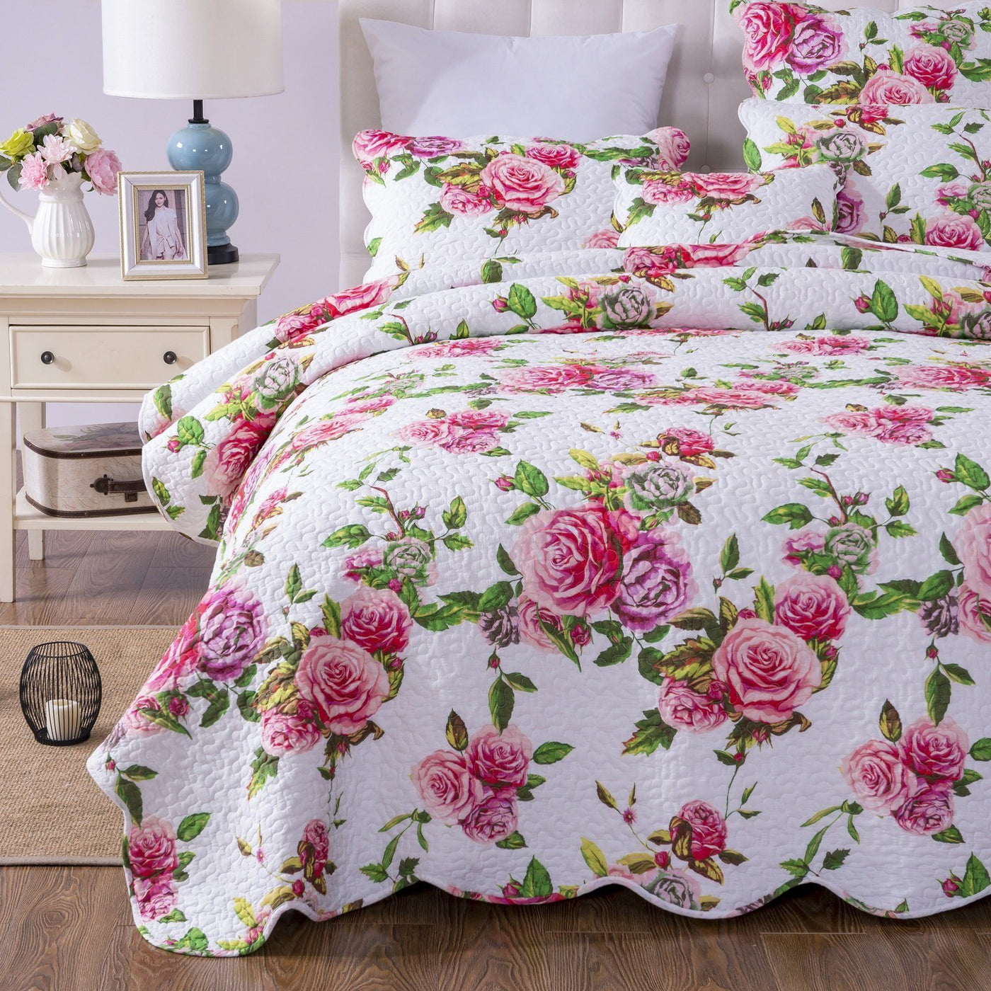 Dada Bedding Romantic Roses Lovely Spring Pink Floral Quilted Scallope — Dadalogy Bedding Collection 1835