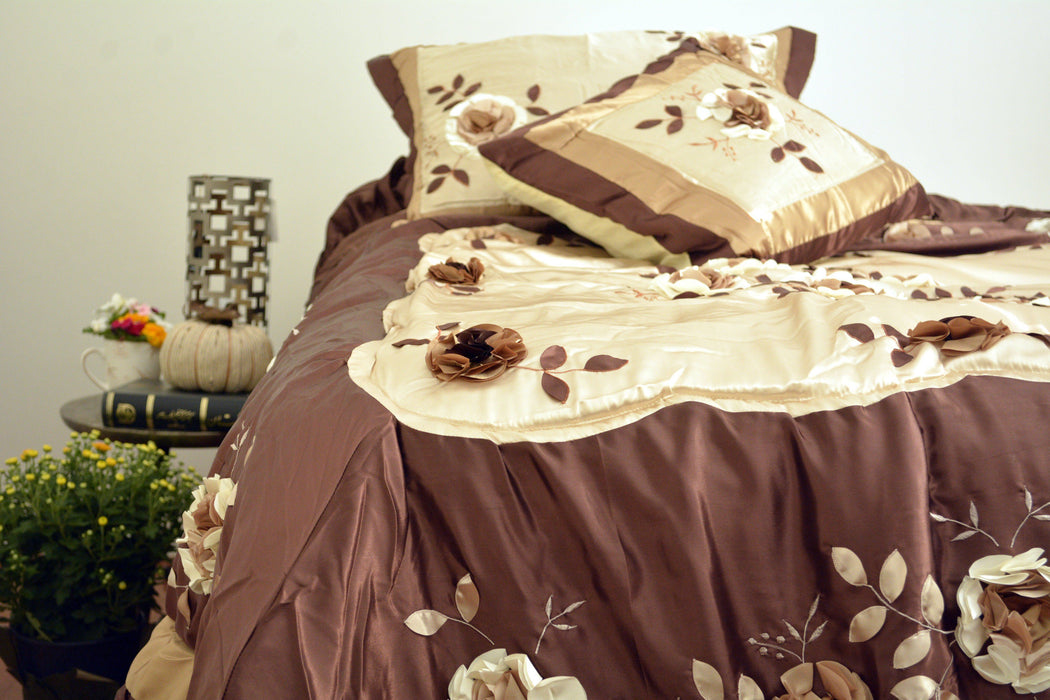 DaDa Bedding Glowy Bronze Flowers Coverlet Bedspread Comforter Set, King, 5-PCS (BM6002) - DaDa Bedding Collection