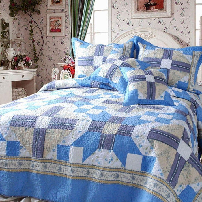 DaDa Bedding Blue Floral Abstract Star Reversible Patchwork Quilt Bedspread Set, Queen (DXJ103110) - DaDa Bedding Collection