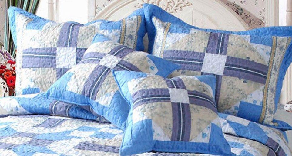 DaDa Bedding Blue Floral Abstract Star Reversible Patchwork Quilt Bedspread Set, Queen (DXJ103110) - DaDa Bedding Collection