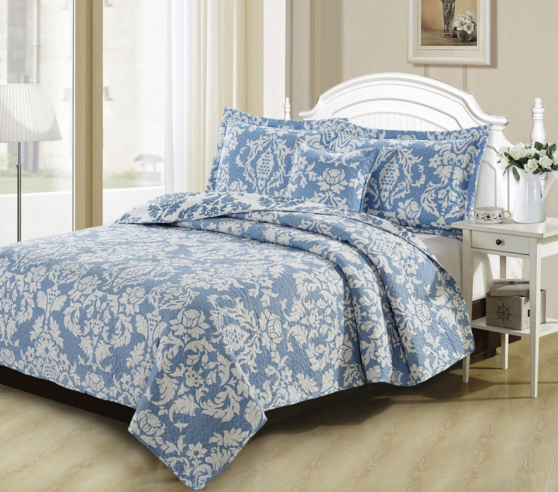 DaDa Bedding Victorian Blue Enchanted Damask Floral Reversible Quilted Bedspread Set - Twin Size - 2-Pieces - DaDa Bedding Collection