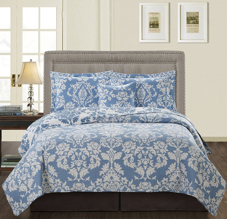 DaDa Bedding Victorian Blue Enchanted Damask Floral Reversible Quilted Bedspread Set - Twin Size - 2-Pieces - DaDa Bedding Collection