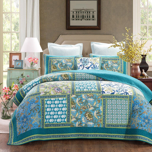 Greek Mediterranean Fountain Bohemian Cotton Patchwork Bedspread Quilt Set - DaDa Bedding Collection