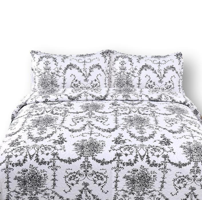 DaDa Bedding Victorian Candelabra Floral Filigree Damask Black & White Elegance Bedspread Set (Aimee) - DaDa Bedding Collection