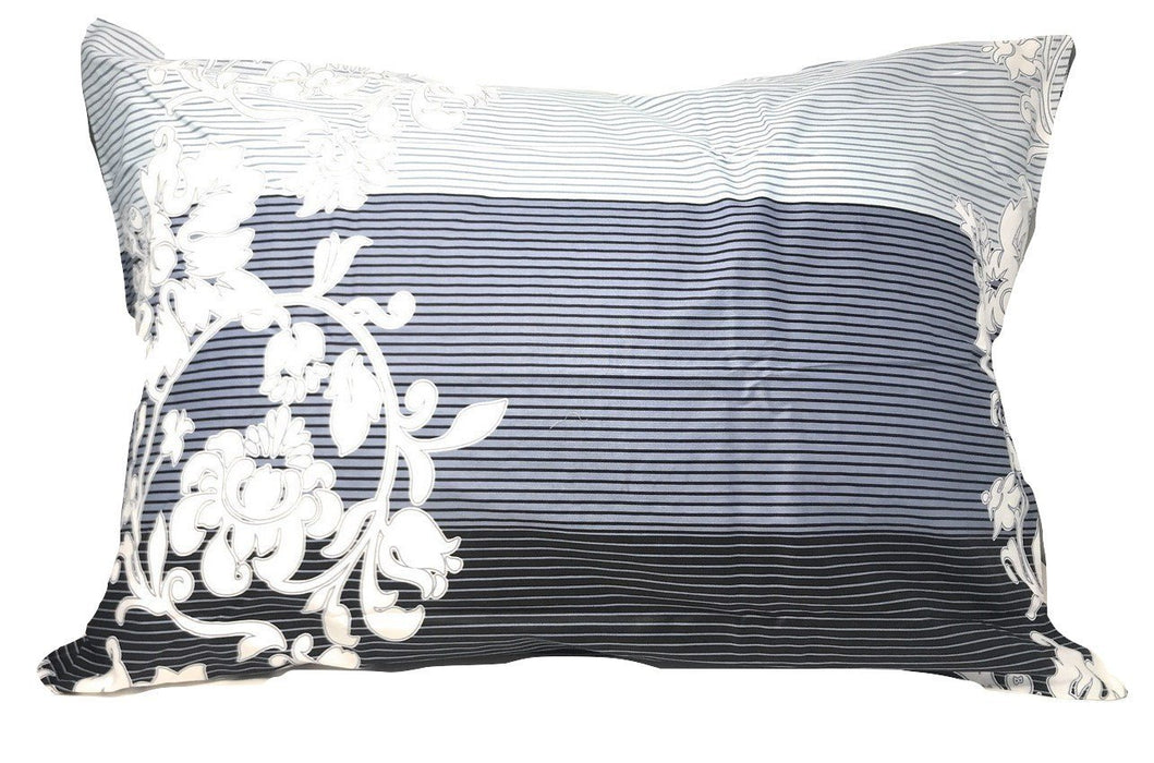 DaDa Bedding Navy Blue Floral Striped Fitted Sheet & Pillow Cases Set - Twin Size (FTS8153) - DaDa Bedding Collection