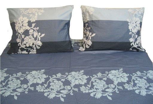 DaDa Bedding Navy Blue Floral Striped Flat Sheet & Pillow Case Set -Twin - 2-Pieces (FS8153) - DaDa Bedding Collection