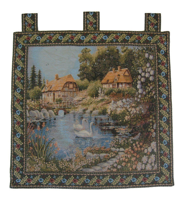 DaDa Bedding Lakeside Village Scene French Country Elegant Tapestry Wall Hanging - 36" x 36" - DaDa Bedding Collection